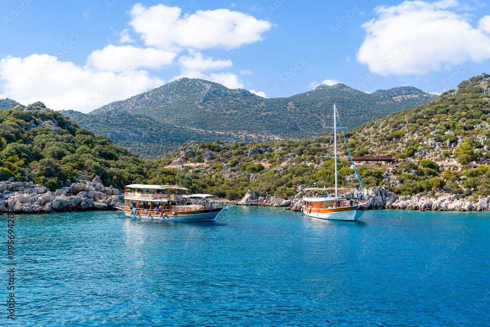 Two boats anchored on the Kekova boat tour, Antalya, Turkey Two boats anchored on the Kekova boat tour, Antalya, Turkey