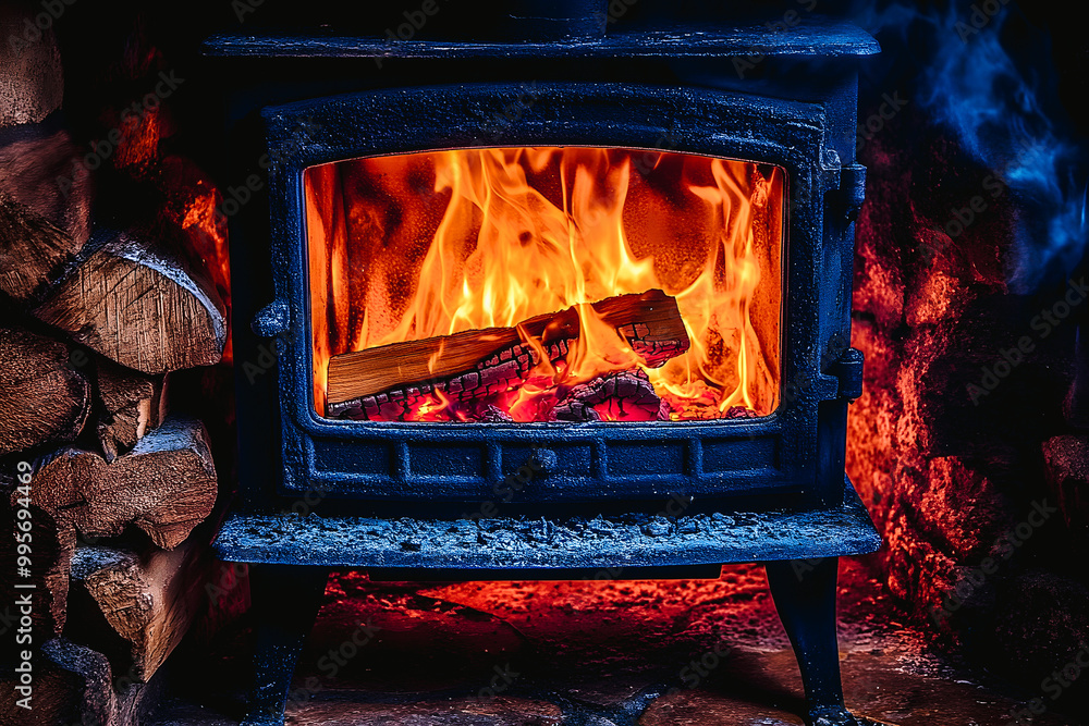 Poêle a bois avec feu Poêle a bois avec feu