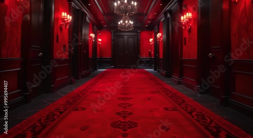 Hallway with Black Trim and Crystal Chandeliers