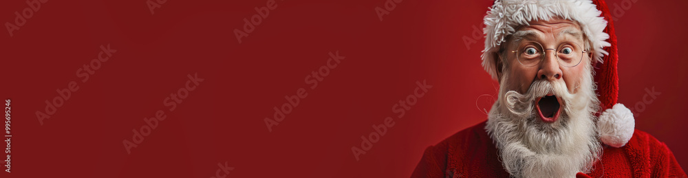 Santa claus is expressing great shock and wonder. Creating a humorous and attention-grabbing scene against a bold red backdrop. His wide-open eyes and mouth convey a sense of surprise and amusement Santa claus is expressing great shock and wonder. Creating a humorous and attention-grabbing scene against a bold red backdrop. His wide-open eyes and mouth convey a sense of surprise and amusement