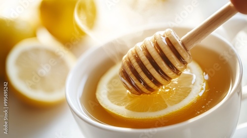 A cup of warm lemon tea with honey drizzled on top, surrounded by fresh lemons, creating a refreshing and soothing beverage.