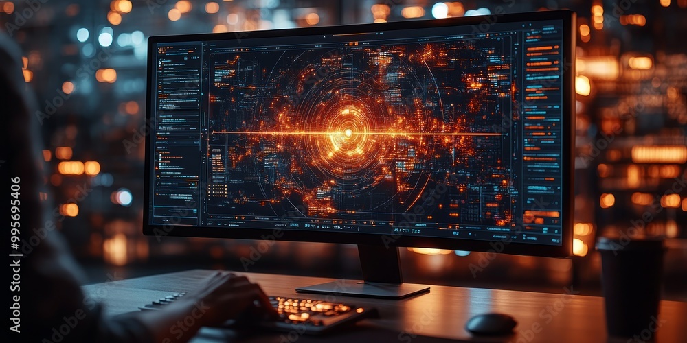 A futuristic interface displaying data visualization and analytics. A futuristic interface displaying data visualization and analytics.