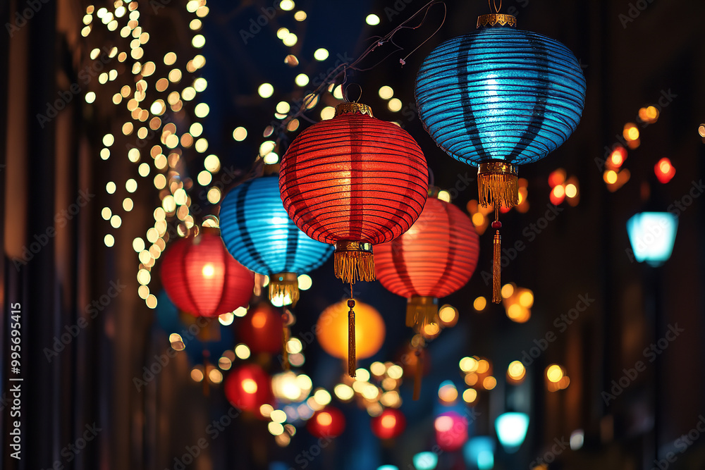 Fototapeta premium Festive Night in Beijing with Fusion of Chinese Lanterns and Christmas Lights