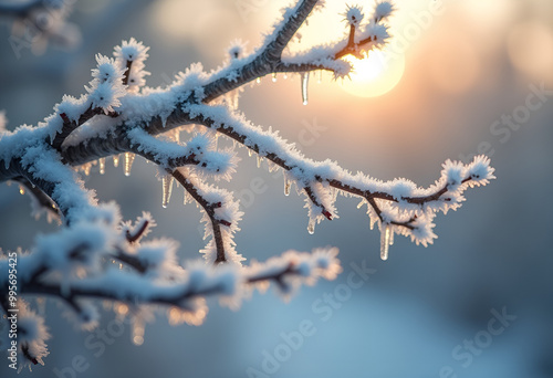 Close-up of bare branches entwined with delicate frost, Soft morning light creating a shimmering effec photo