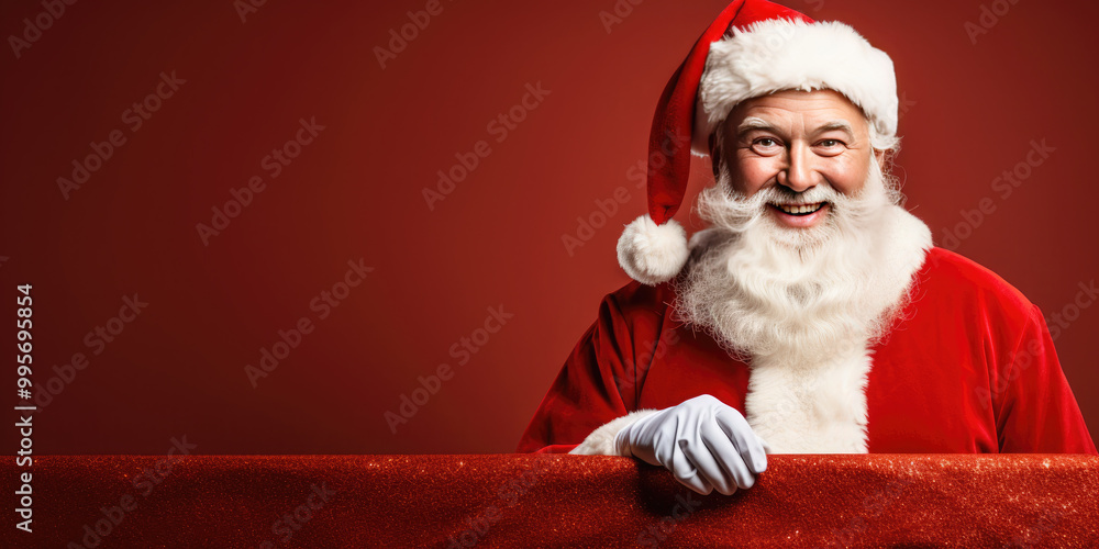 Naklejka premium Surprised Santa Claus making a shocked face while holding a blank white sign. Christmas promotions, discounts, sale. Copy space. Mock up.