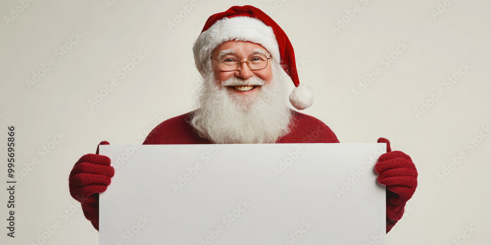 Naklejka premium Santa claus cheerfully holds a blank sign against a white background, perfect for holiday advertising with ample copy space. Christmas background. Mock up. Banner