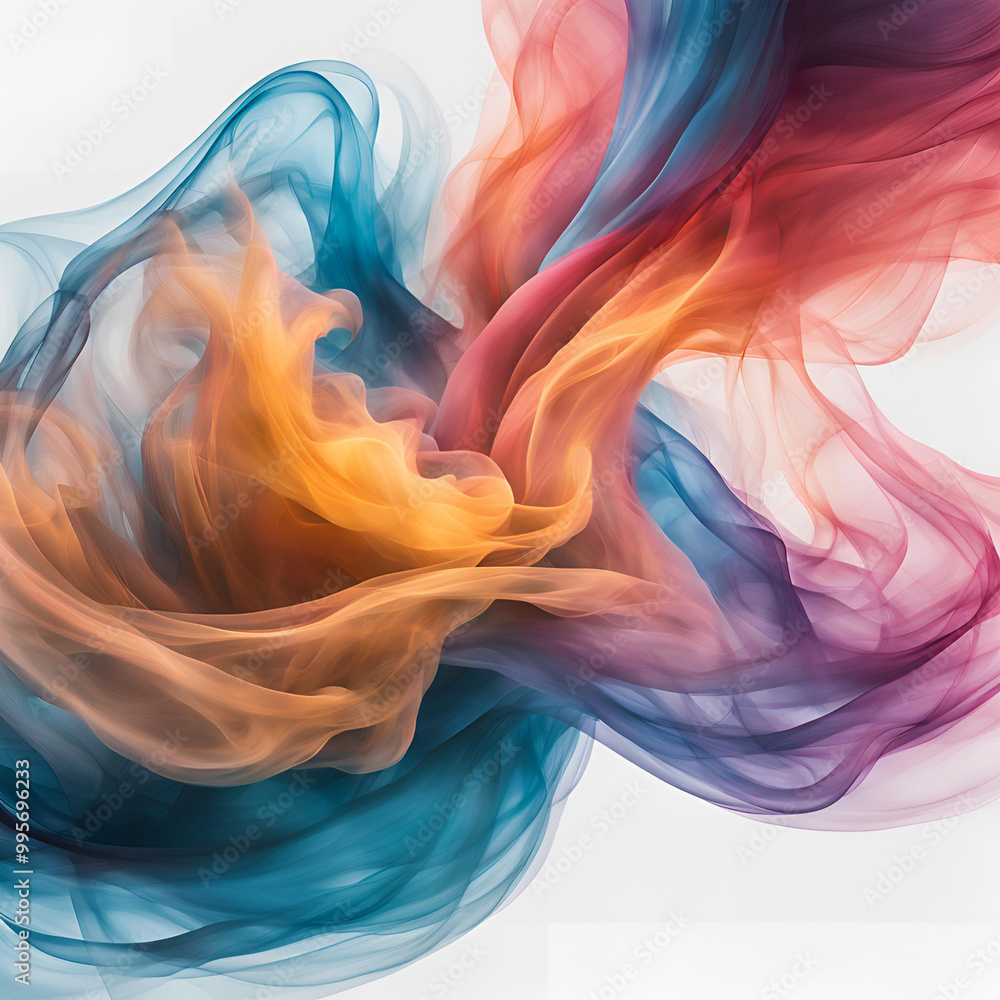 Obraz premium Abstract flowing colorful smoke or silk-like texture, blending vibrant hues of blue, orange, and pink. Ideal for creative backgrounds, art projects, and modern design concepts.
