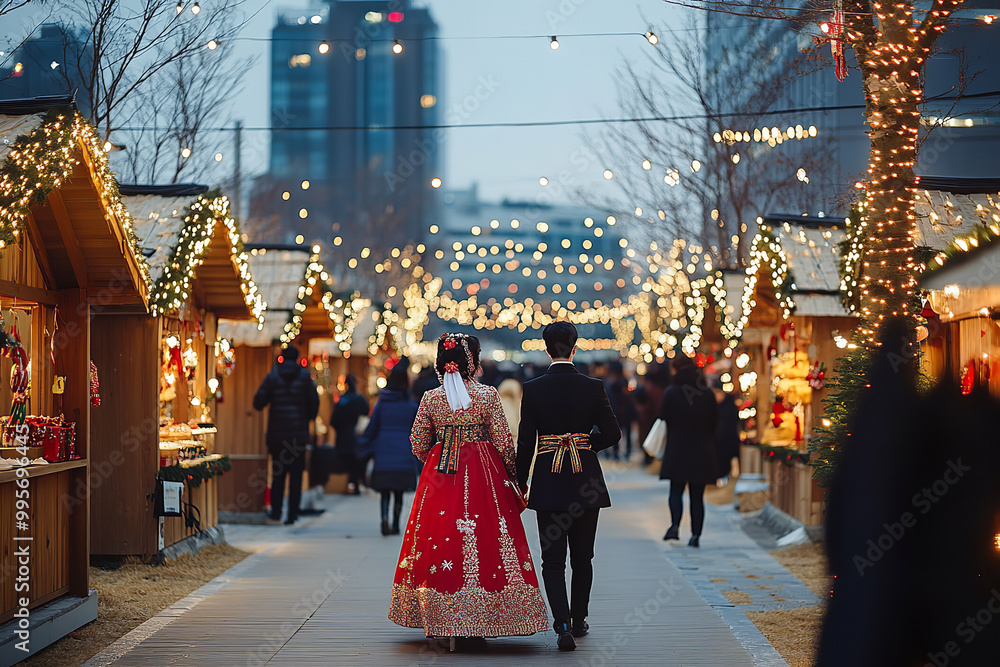 Obraz premium Seoul Christmas Celebration with Traditional Hanbok and Fusion Decor 