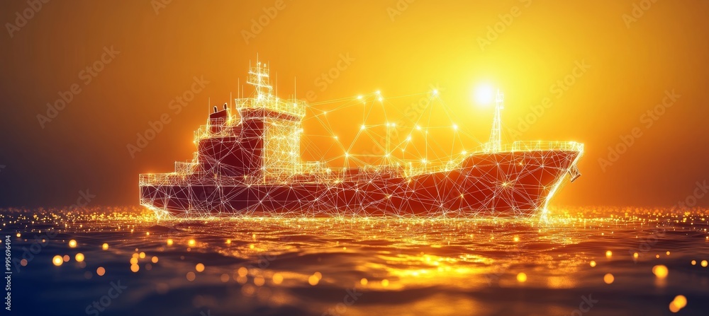 Fototapeta premium Futuristic Holographic Networked Cargo Ship, Maritime Logistics and Technology Concept