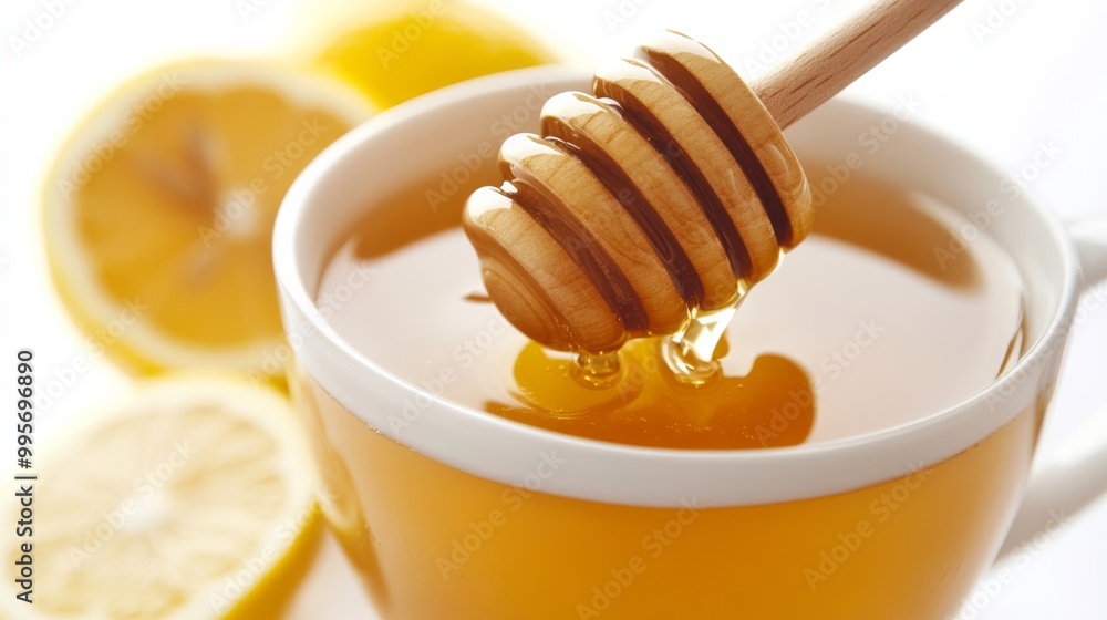 A warm cup of honey tea with a honey dipper, surrounded by fresh lemon slices, evokes a soothing and refreshing beverage. A warm cup of honey tea with a honey dipper, surrounded by fresh lemon slices, evokes a soothing and refreshing beverage.