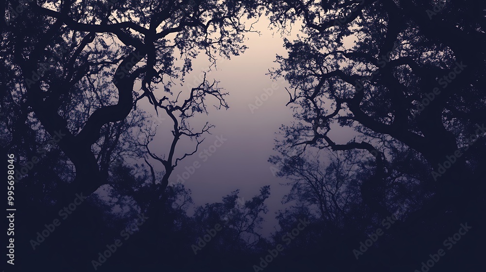 Creepy Forest Scene A dark silhouette of twisted trees on a gradient black to purple background Creepy Forest Scene A dark silhouette of twisted trees on a gradient black to purple background