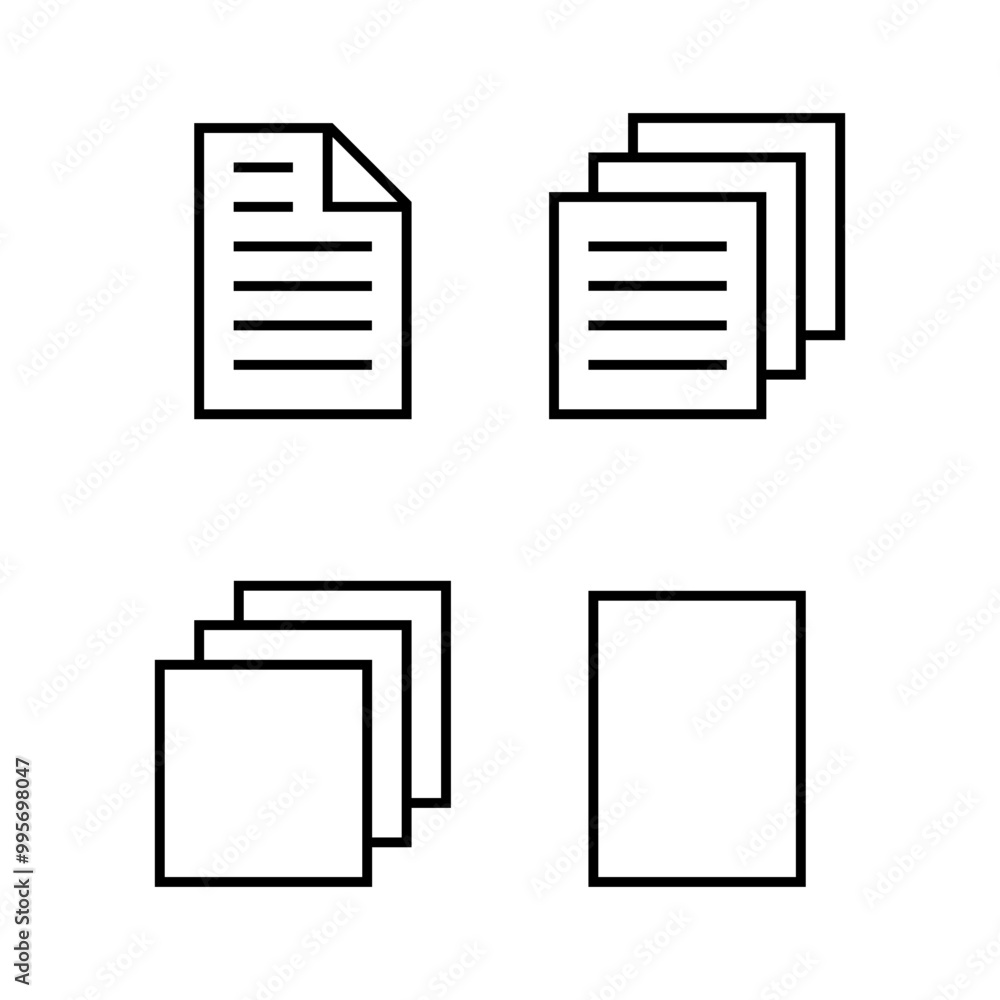 Document and paper icons in various stacked configurations. Minimalist line art style with simple geometric shapes. Abstract representation. Document and paper icons in various stacked configurations. Minimalist line art style with simple geometric shapes. Abstract representation.