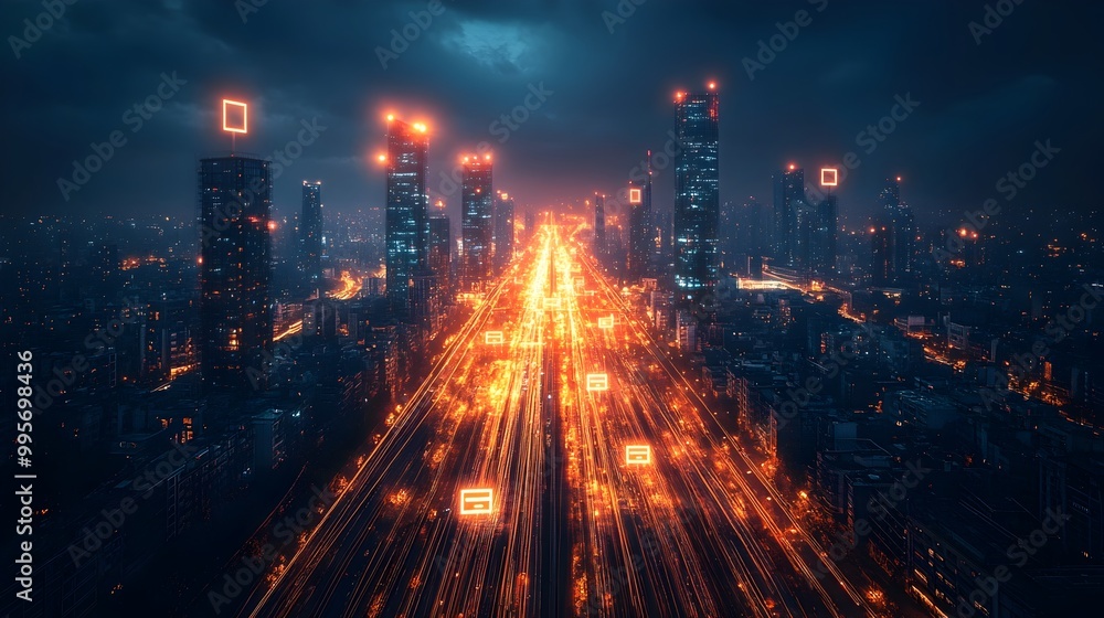 Futuristic 5G Network Infrastructure in a Smart City Skyline Futuristic 5G Network Infrastructure in a Smart City Skyline