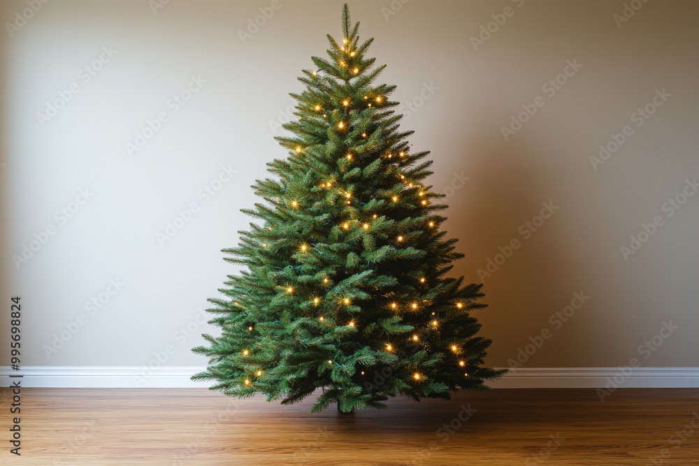 Simple and elegant Christmas tree with soft golden lights standing in an empty living room with wooden floors evoking a minimalist holiday atmosphere Simple and elegant Christmas tree with soft golden lights standing in an empty living room with wooden floors evoking a minimalist holiday atmosphere