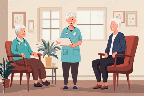 "happy elderly receiving homecare from a nurse , minimalist cartoon style