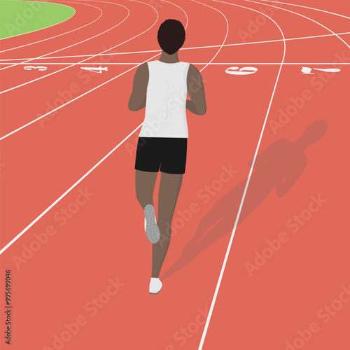 A black man running on a track. Rear view of running track