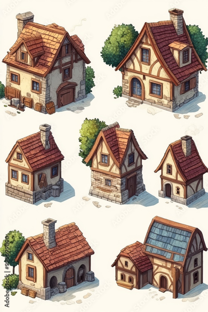 Charming Village Houses in a Quaint Layout Showcasing Unique Architectural Designs and Warm Colors Charming Village Houses in a Quaint Layout Showcasing Unique Architectural Designs and Warm Colors