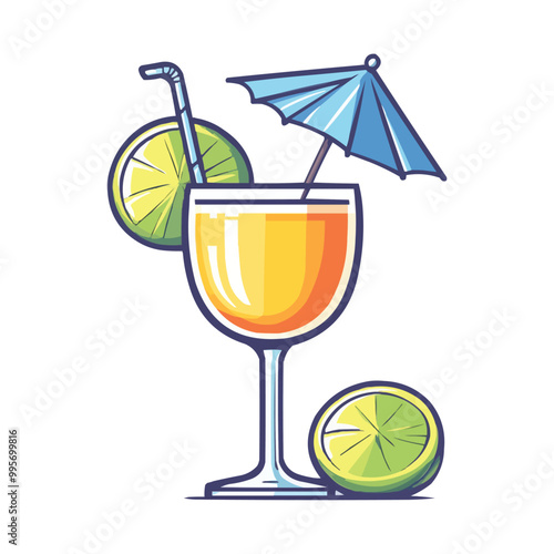 a simple vector graphic of a tropical cocktail in a glass with an umbrella and a lime