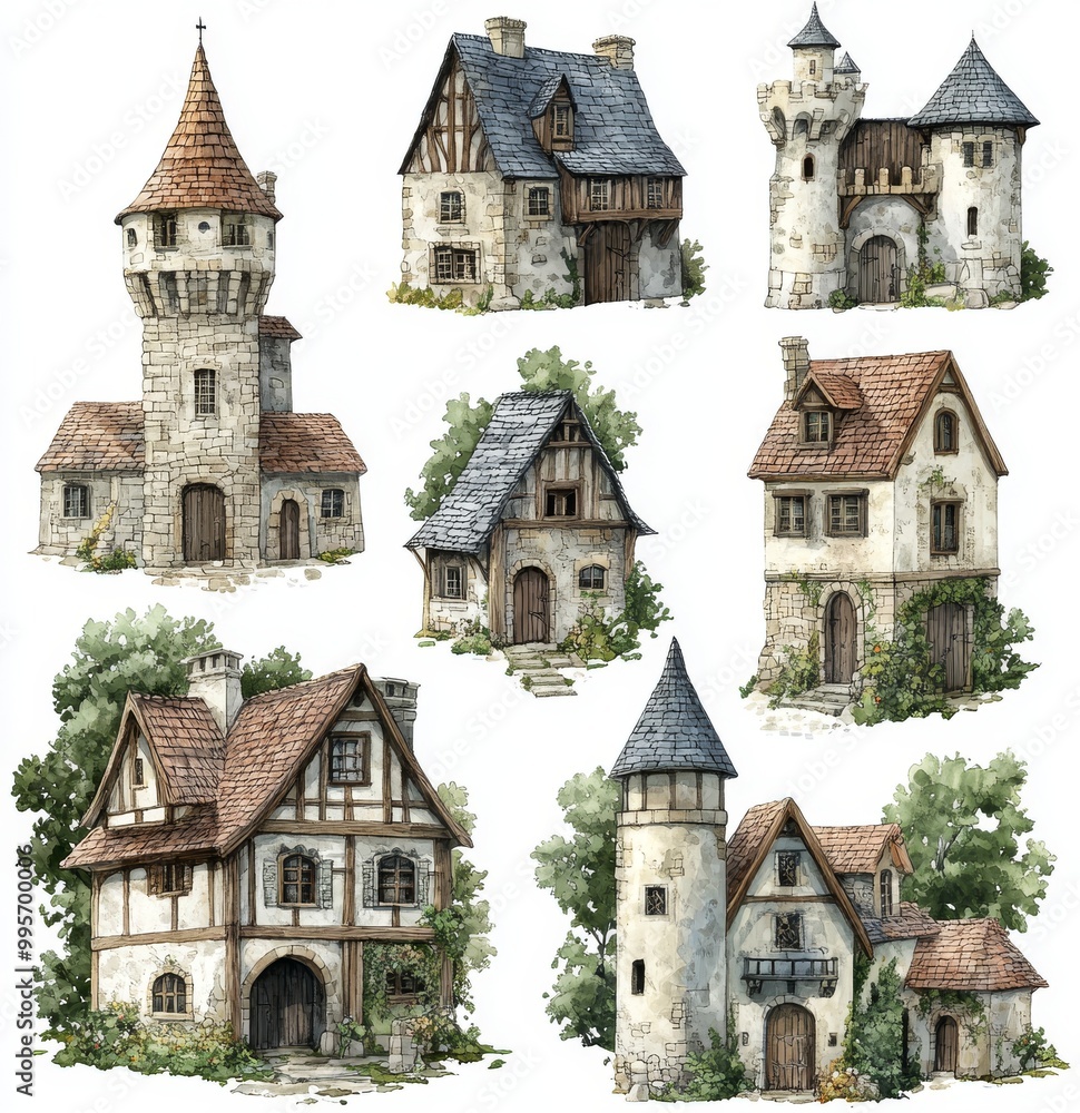 Naklejka premium Charming Medieval Houses and Towers Illustrated With Intricate Details in Soft Colors