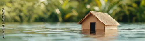 A miniature house surrounded by rising water, symbolizing flooding and the impact of climate change on homes