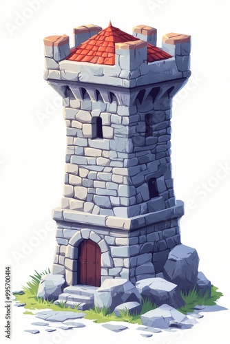 A Whimsical Stone Tower With a Red-Tiled Roof, Nestled Among Grassy Rocks in a Fantasy Landscape