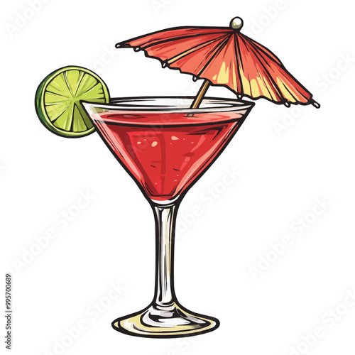 a simple vector graphic of a tropical cocktail in a glass with an umbrella and a lime