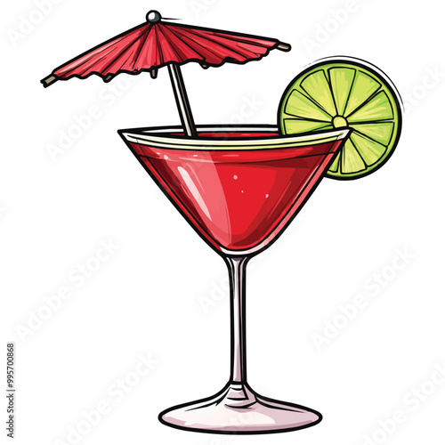 a simple vector graphic of a tropical cocktail in a glass with an umbrella and a lime