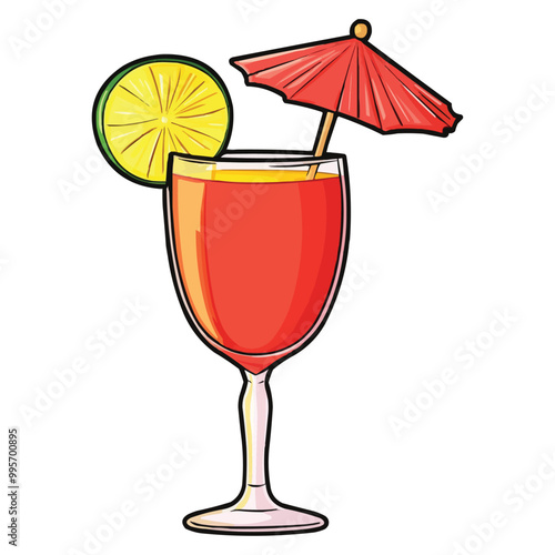 a simple vector graphic of a tropical cocktail in a glass with an umbrella and a lime