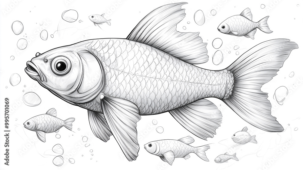 Stylized cartoon fish among small fish on a white background. Sketch for coloring.
Stylized cartoon fish among small fish on a white background. Sketch for coloring.