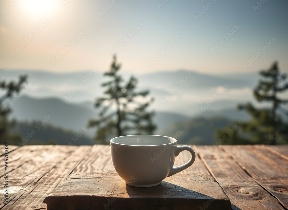A professionally executed close-up HDR photograph of a ceramic coffee cup with a delicately rounded rim, faintly covered in morning dew. The cup sits neatly on a rustic, distressed wooden table, set a A professionally executed close-up HDR photograph of a ceramic coffee cup with a delicately rounded rim, faintly covered in morning dew. The cup sits neatly on a rustic, distressed wooden table, set a