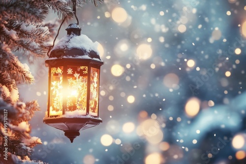 lantern Illumination and snow blurred background sky, Christmas , winter 