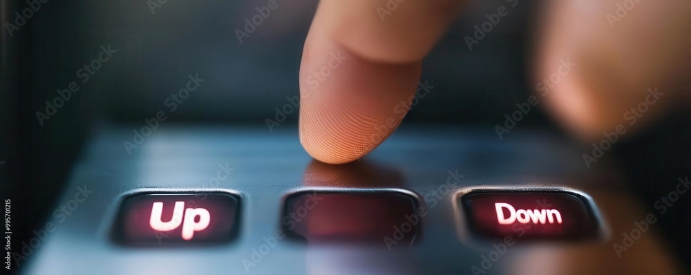 Obraz premium Symbolizing of decision to Up and Down with close-up of finger pressing elevator buttons