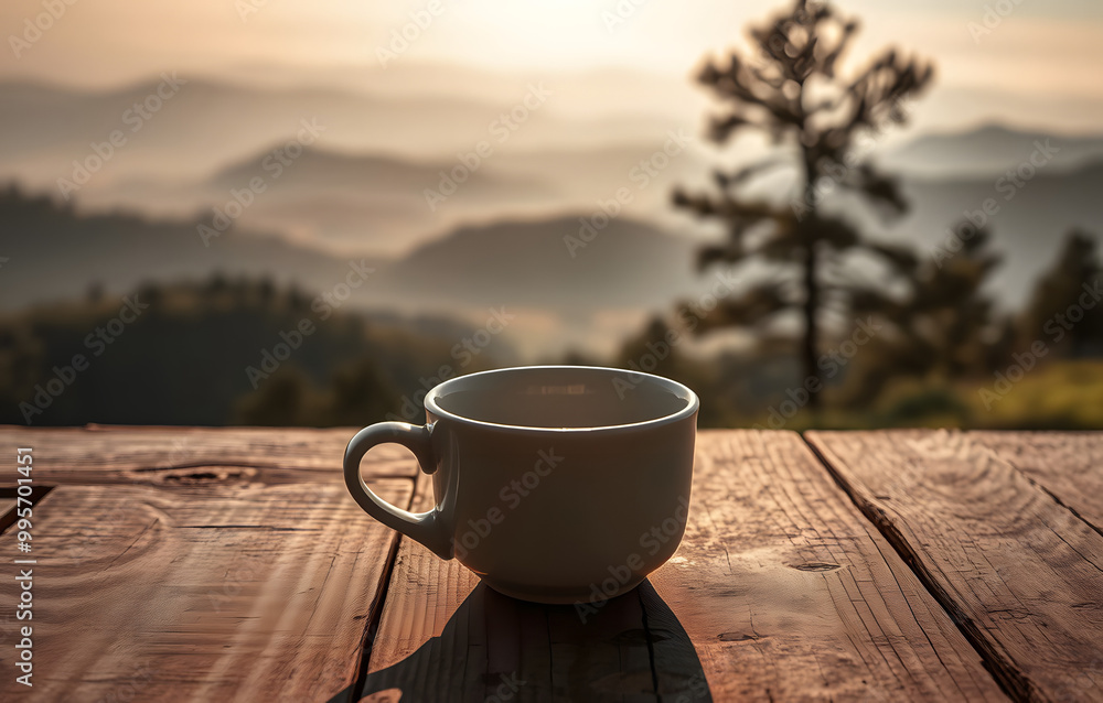A professionally executed close-up HDR photograph of a ceramic coffee cup with a delicately rounded rim, faintly covered in morning dew. The cup sits neatly on a rustic, distressed wooden table, set a A professionally executed close-up HDR photograph of a ceramic coffee cup with a delicately rounded rim, faintly covered in morning dew. The cup sits neatly on a rustic, distressed wooden table, set a