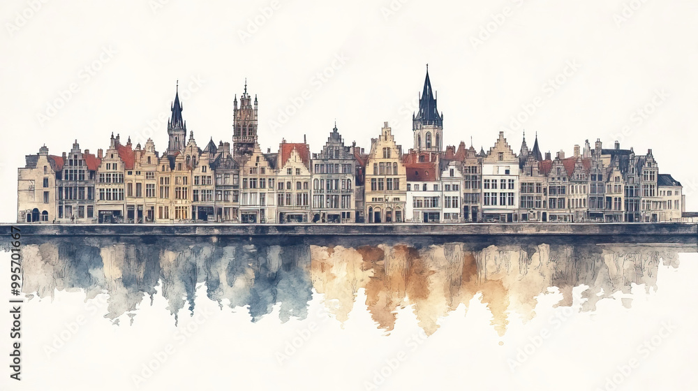 Fototapeta premium Ghent, Belgium, color pen pencil hand-drawn effect drawing illustration for travel poster, card, wallpaper, backdrop or banner. Modern, clear, artistic and simple