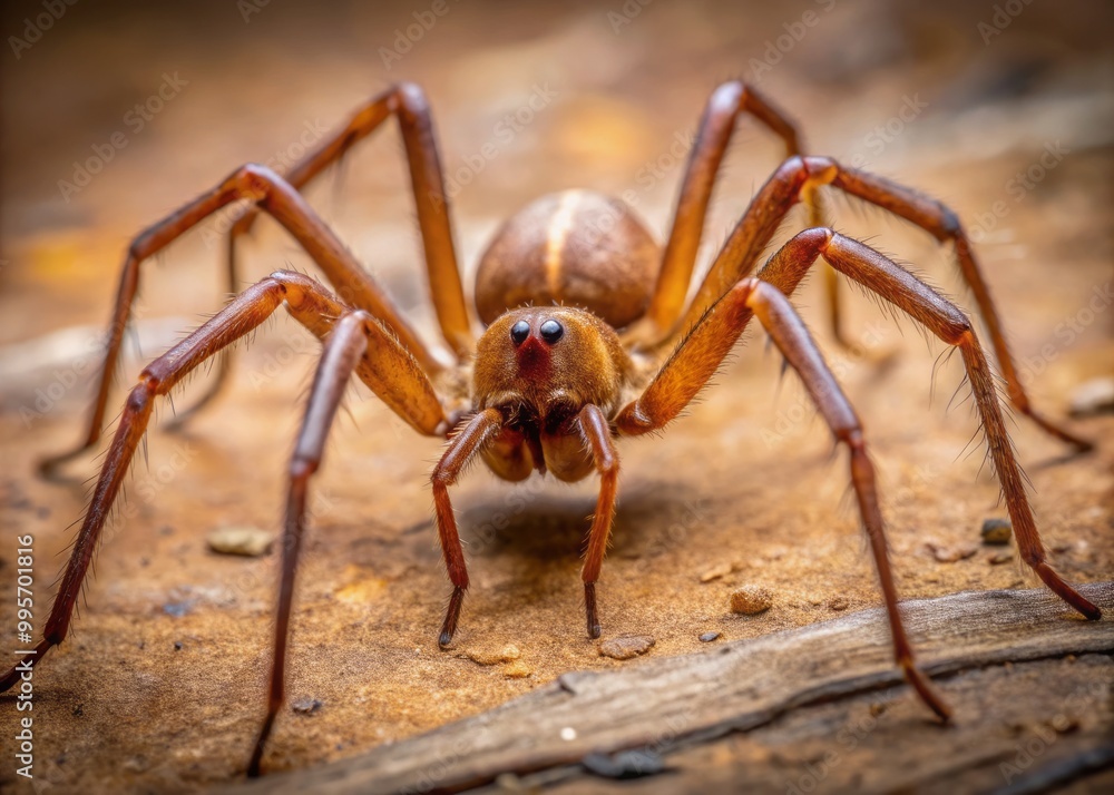 In a striking close-up, a brown recluse spider rests on a natural surface, displaying its distinct markings and In a striking close-up, a brown recluse spider rests on a natural surface, displaying its distinct markings and