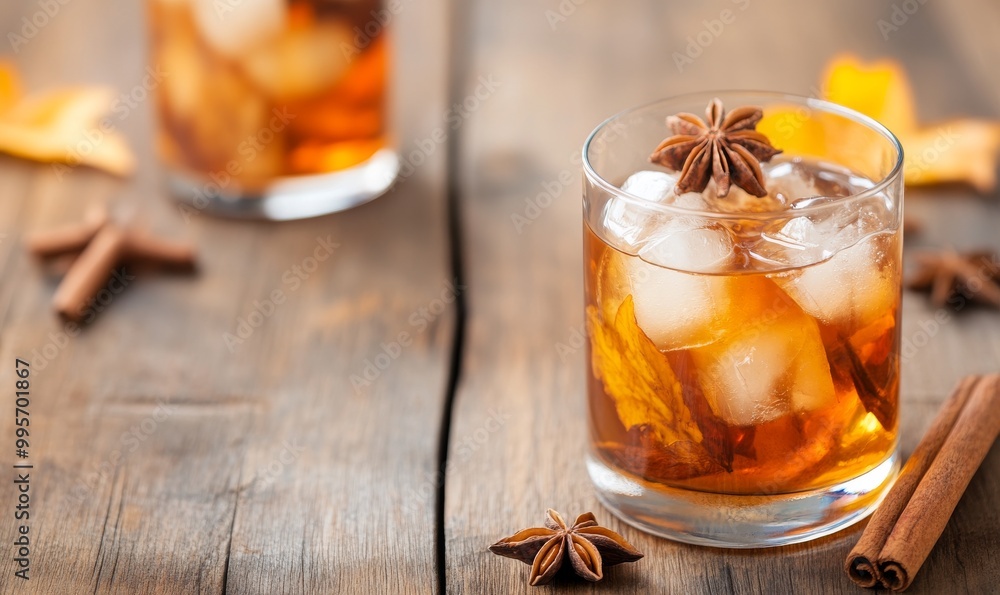 Cozy Autumn Cocktail With Spices and Ice Served on a Rustic Wooden Table Cozy Autumn Cocktail With Spices and Ice Served on a Rustic Wooden Table