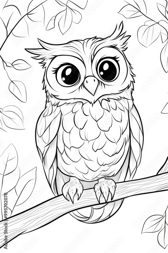 Cute Owl Perched on a Branch Surrounded by Leaves in a Black and White Coloring Book Design Cute Owl Perched on a Branch Surrounded by Leaves in a Black and White Coloring Book Design