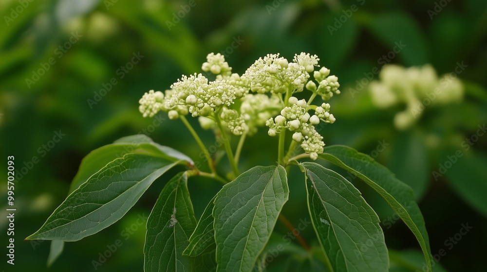 Delicate green flowers bloom on a shrub with glossy leaves in a sunny garden during springtime Delicate green flowers bloom on a shrub with glossy leaves in a sunny garden during springtime