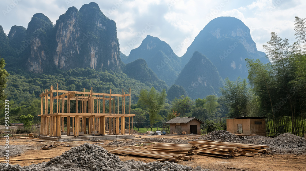 A construction site set against a picturesque backdrop of towering mountains and lush greenery. In the foreground, there's a wooden house frame under construction, with beams and pillars prominently