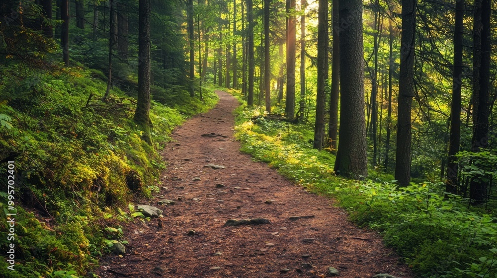 Obraz premium Nature trail and hiking path in forest. Forest scene with hiking path, straight trail through forest