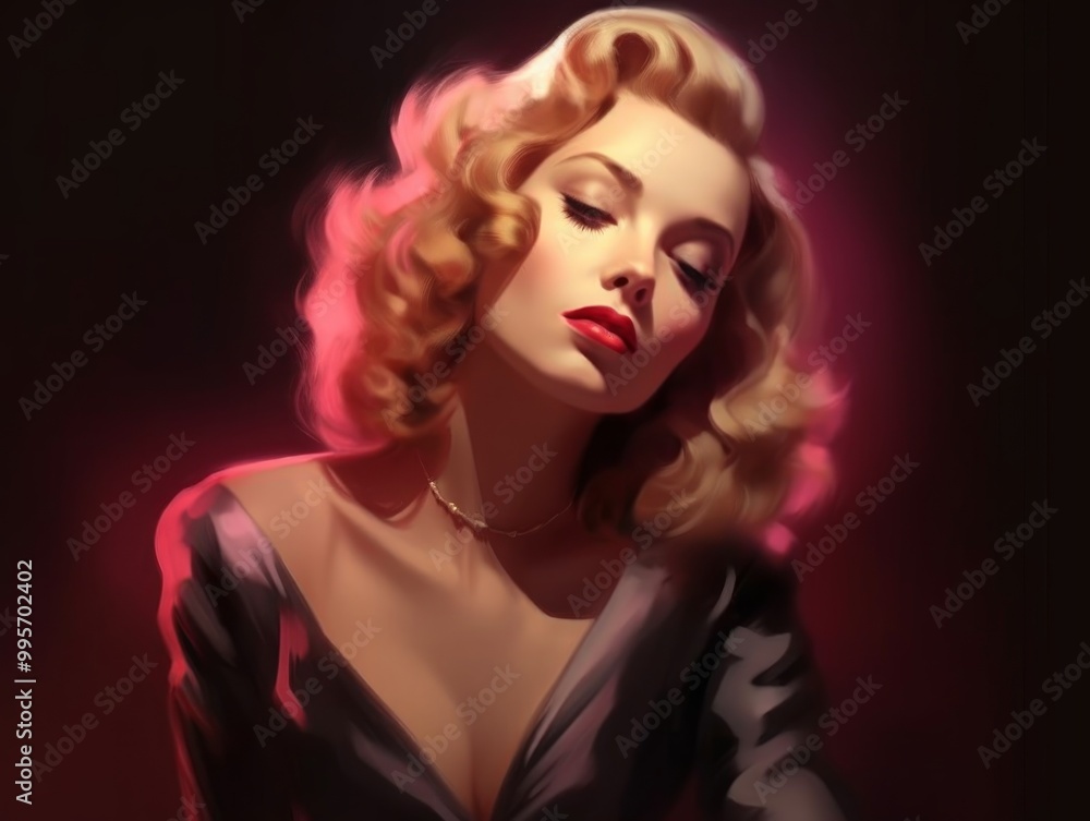 Fototapeta premium A glamorous woman with vintage curls and a sultry expression.