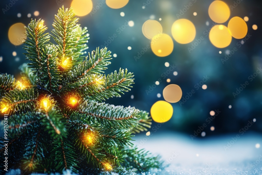 Close up of pine branch with glowing Christmas lights and golden bokeh creating a warm and magical holiday atmosphere in nature inspired festive setting Close up of pine branch with glowing Christmas lights and golden bokeh creating a warm and magical holiday atmosphere in nature inspired festive setting
