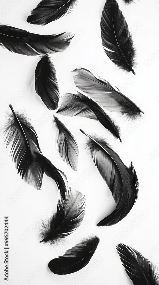 Obraz premium Black Feathers Scattered on a White Background Creating a Striking Contrast in a Minimalist Arrangement