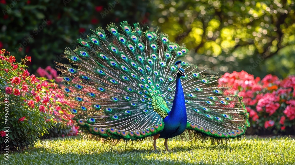 Obraz premium Majestic Peacock with Colorful Feathers in Vibrant Garden Setting