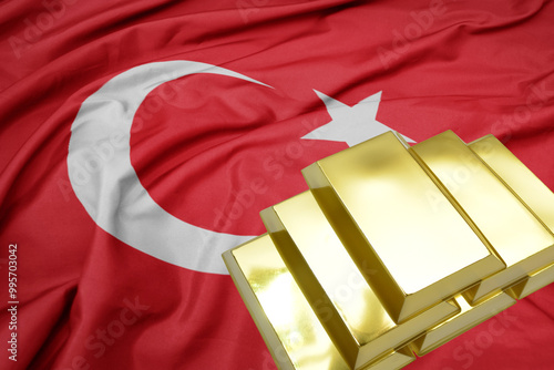 Fototapeta Naklejka Na Ścianę i Meble -  shining golden bullions on the turkey flag background.