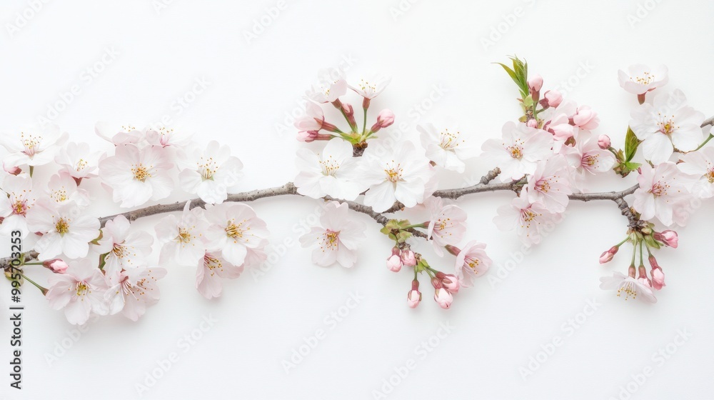 A delicate cherry blossom branch with pink and white flowers on a white background. A delicate cherry blossom branch with pink and white flowers on a white background.