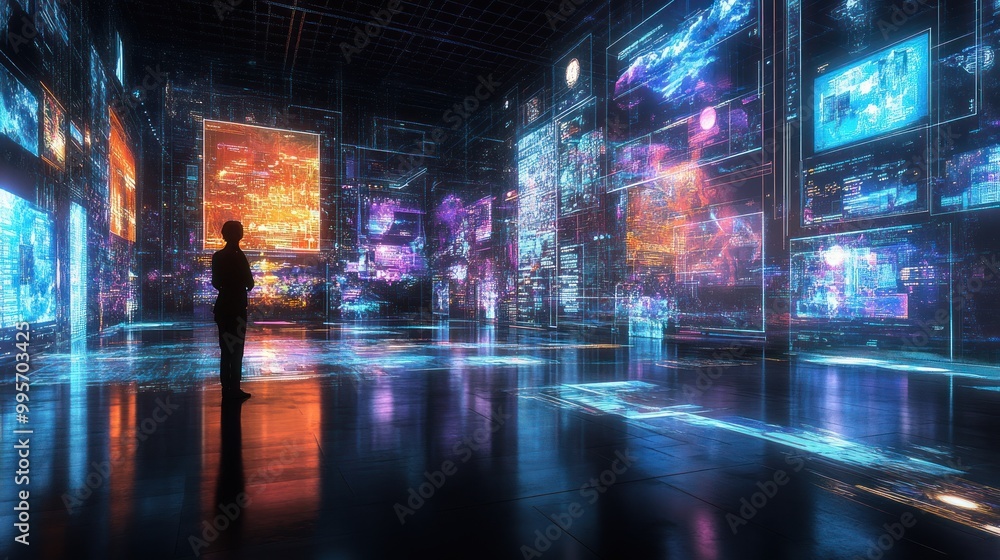 A person stands in a room surrounded by screens showing digital data and information, representing a futuristic world of technology and innovation. A person stands in a room surrounded by screens showing digital data and information, representing a futuristic world of technology and innovation.