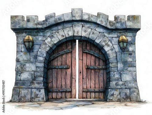 Wallpaper Mural A medieval stone gate with wooden doors and lanterns on a white isolated background. Torontodigital.ca