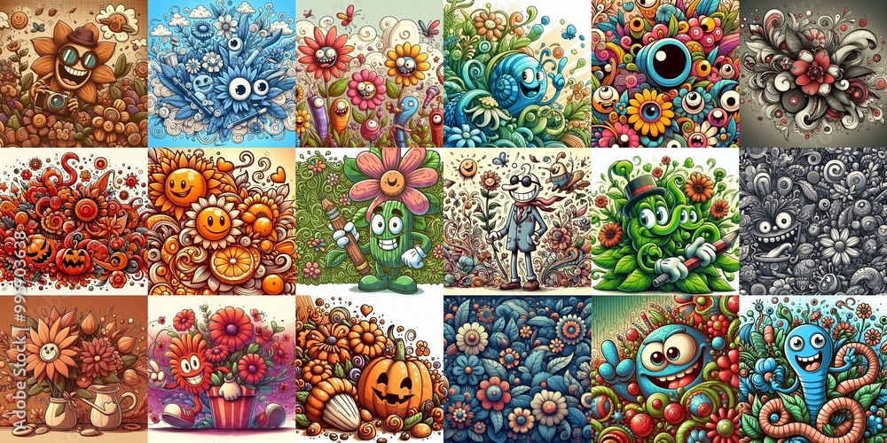 Cartoon style art flowers drawing. AI generated illustration