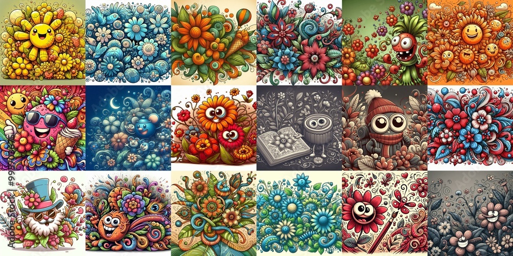 Cartoon style art flowers drawing. AI generated illustration